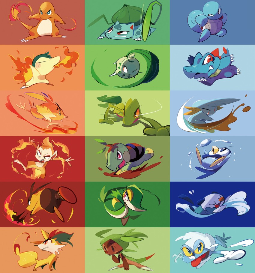 piplup, bulbasaur, oshawott, squirtle, snivy, and 12 more (pokemon) drawn by motojima_hakka