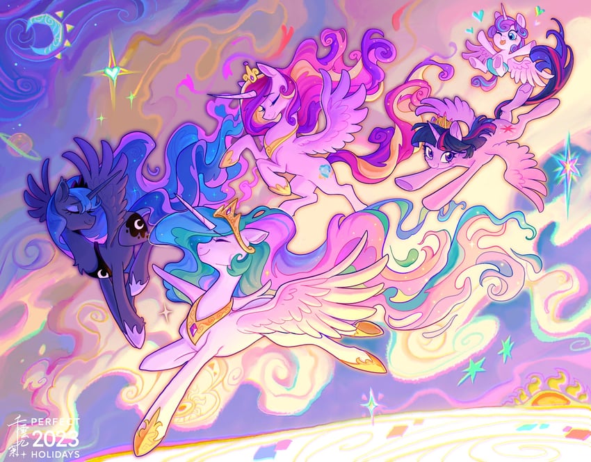 twilight sparkle, princess luna, princess celestia, princess cadance, and flurry heart (my little pony and 1 more) drawn by jficbcpcr6eyujo