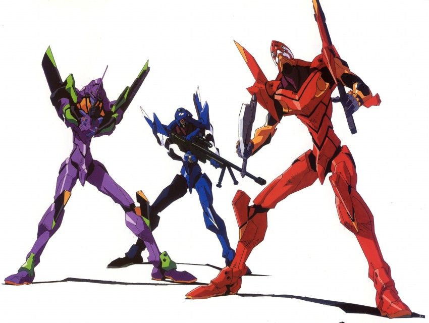 eva 02, eva 01, and eva 00 (neon genesis evangelion) drawn by yoshinari_you