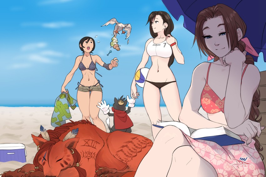 tifa lockhart, aerith gainsborough, yuffie kisaragi, red xiii, cait sith, and 1 more (final fantasy and 1 more) drawn by vashperado