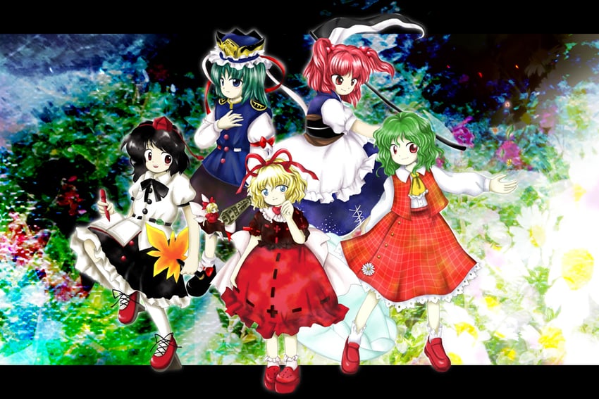shameimaru aya, kazami yuuka, shiki eiki, onozuka komachi, and medicine melancholy (touhou and 1 more) drawn by medinki