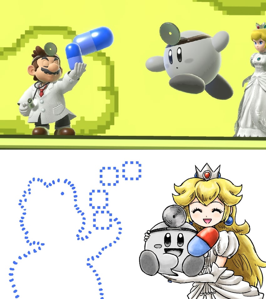 kirby, princess peach, mario, and dr. mario (mario and 3 more) drawn by kicdon