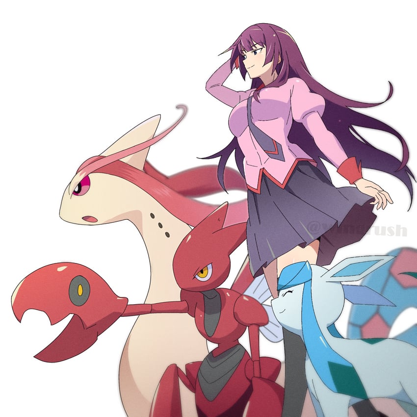 senjougahara hitagi, glaceon, milotic, and scizor (pokemon and 2 more) drawn by fooring