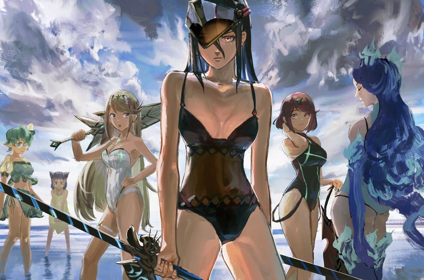pyra, mythra, nia, morag ladair, brighid, and 1 more (xenoblade chronicles and 1 more) drawn by pito_(pitosan)