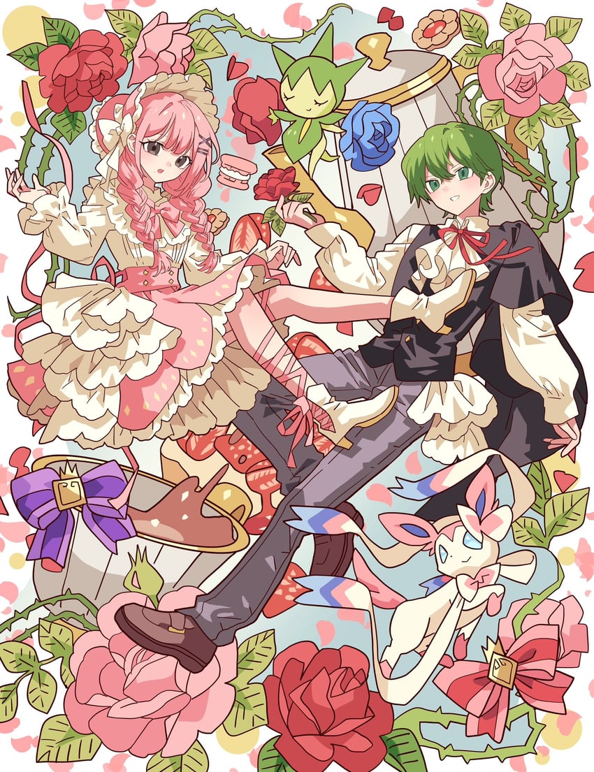 sylveon, roselia, and drew (pokemon and 1 more) drawn by meremero