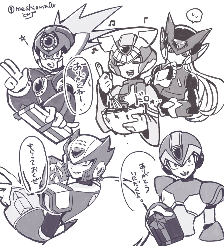 zero, x, zero(z), axl, and cyber elf x (mega man and 2 more) drawn by meshiuma0x