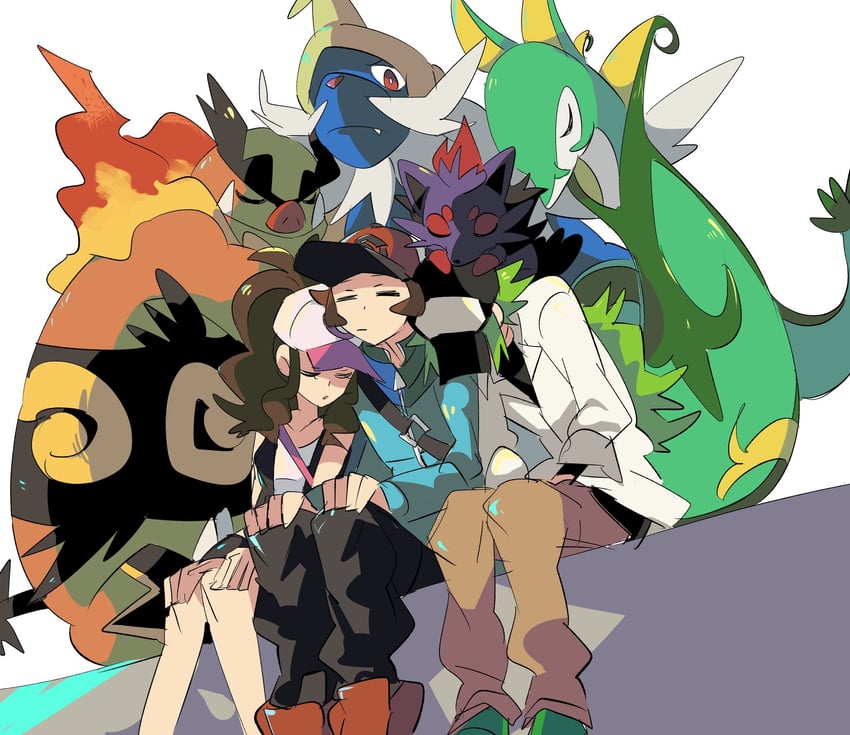 hilda, hilbert, n, zorua, serperior, and 2 more (pokemon and 1 more) drawn by zianazu