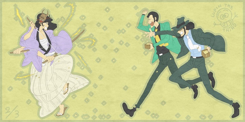 arsene lupin iii, jigen daisuke, and ishikawa goemon xiii (lupin iii) drawn by zyunya