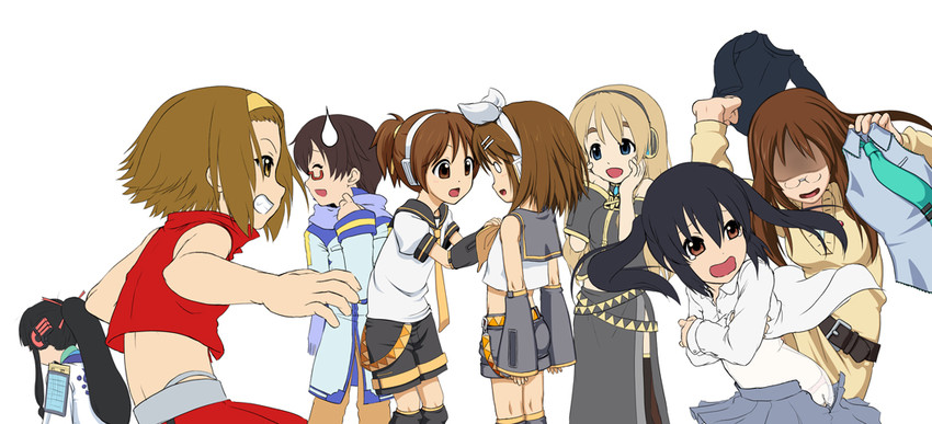 kagamine rin, kagamine len, megurine luka, akiyama mio, nakano azusa, and 9 more (vocaloid and 1 more) drawn by caryo and takeda_yukimura