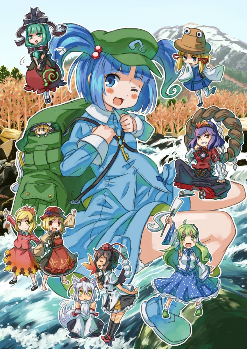 kirisame marisa, kochiya sanae, shameimaru aya, inubashiri momiji, moriya suwako, and 5 more (touhou and 1 more) drawn by kingin