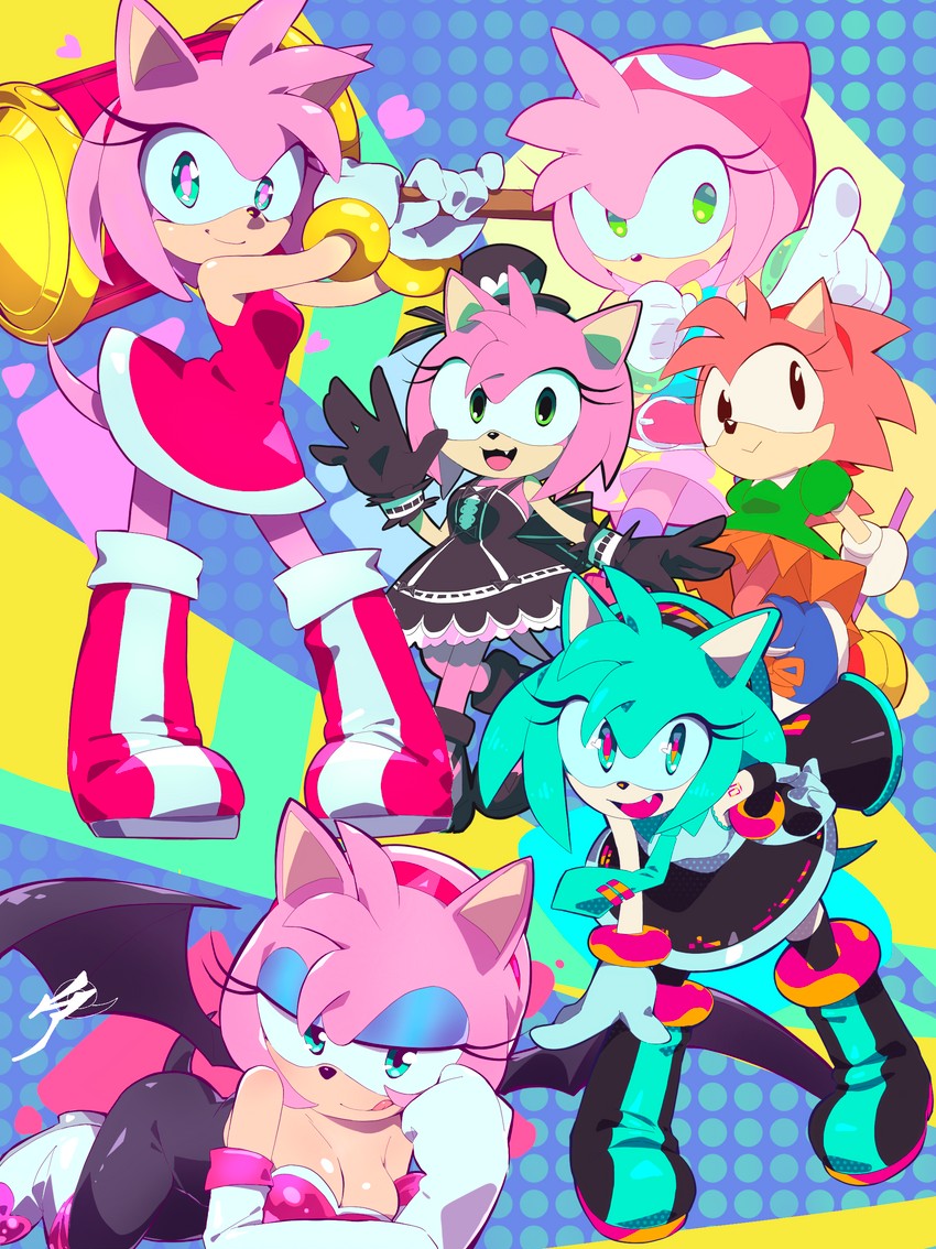 hatsune miku, amy rose, rouge the bat, amitie, and classic amy (vocaloid and 5 more) drawn by aetherion