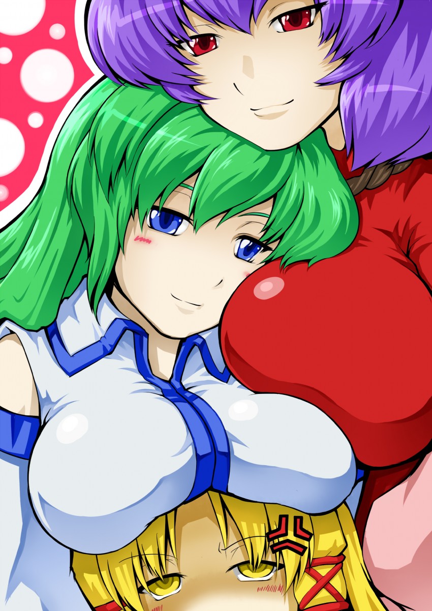 kochiya sanae, moriya suwako, and yasaka kanako (touhou) drawn by souki_lankni