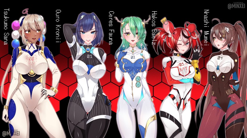 ouro kronii, nanashi mumei, hakos baelz, ceres fauna, and tsukumo sana (hololive and 2 more) drawn by minxei