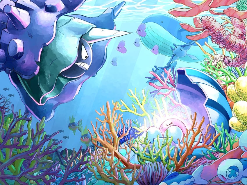 luvdisc, wishiwashi, wailord, mantine, cloyster, and 2 more (pokemon) drawn by mukiguri
