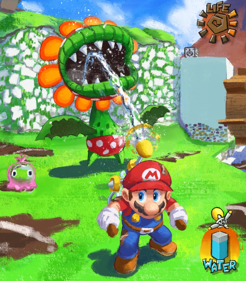 mario, f.l.u.d.d., petey piranha, and gooble (mario and 1 more) drawn by ya_mari_6363