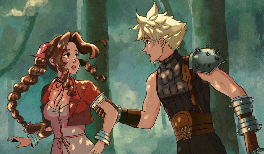 cloud strife and aerith gainsborough (final fantasy and 1 more) drawn by softp3ach