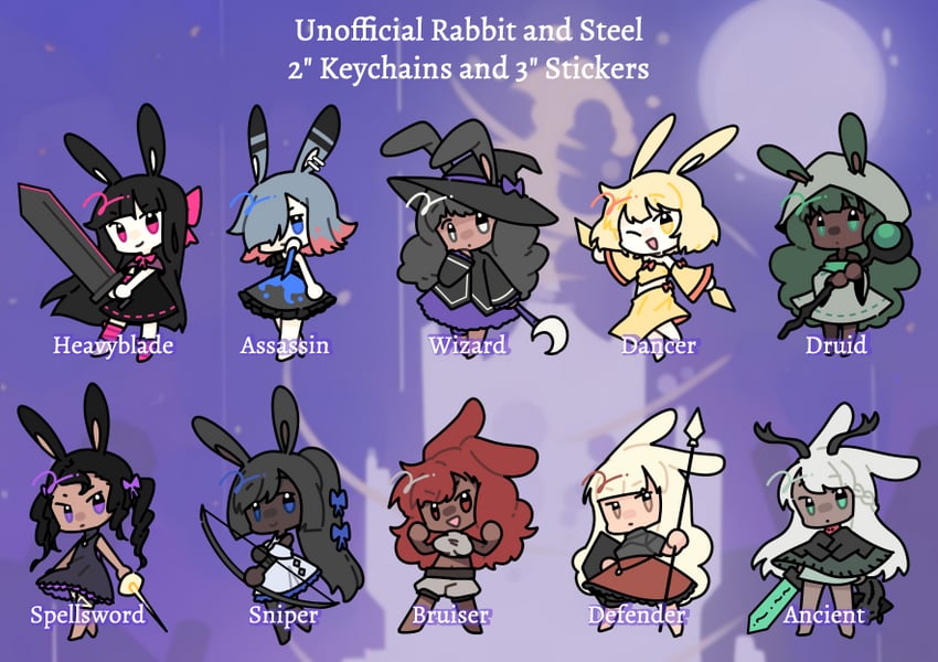 heavyblade rabbit, dancer rabbit, druid rabbit, sniper rabbit, wizard rabbit, and 5 more (rabbit and steel) drawn by lyn_(shunao)