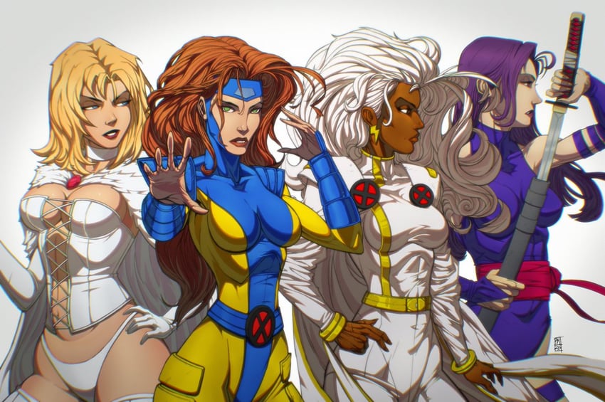 psylocke, emma frost, storm, and jean grey (marvel and 1 more) drawn by patminiuttiart