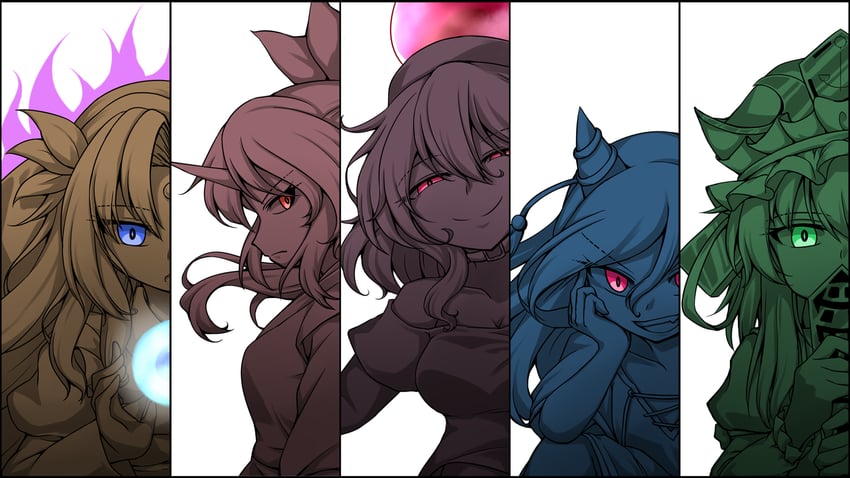 shiki eiki, hecatia lapislazuli, konngara, nippaku zanmu, and kikuri (touhou) drawn by 495-flan