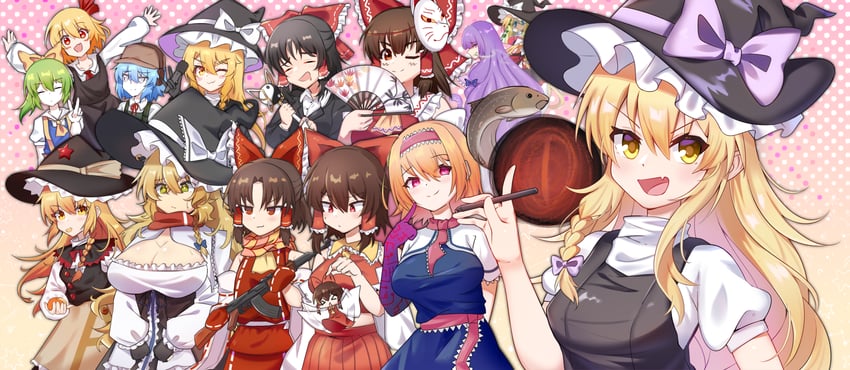 hakurei reimu, kirisame marisa, alice margatroid, cirno, patchouli knowledge, and 12 more (touhou and 3 more) drawn by inabahitomi
