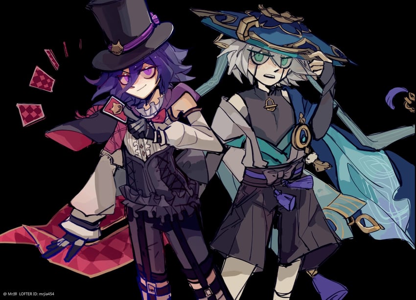 scaramouche, wanderer, oma kokichi, lyney, k1-b0, and 2 more (genshin impact and 2 more) drawn by mr_potassium