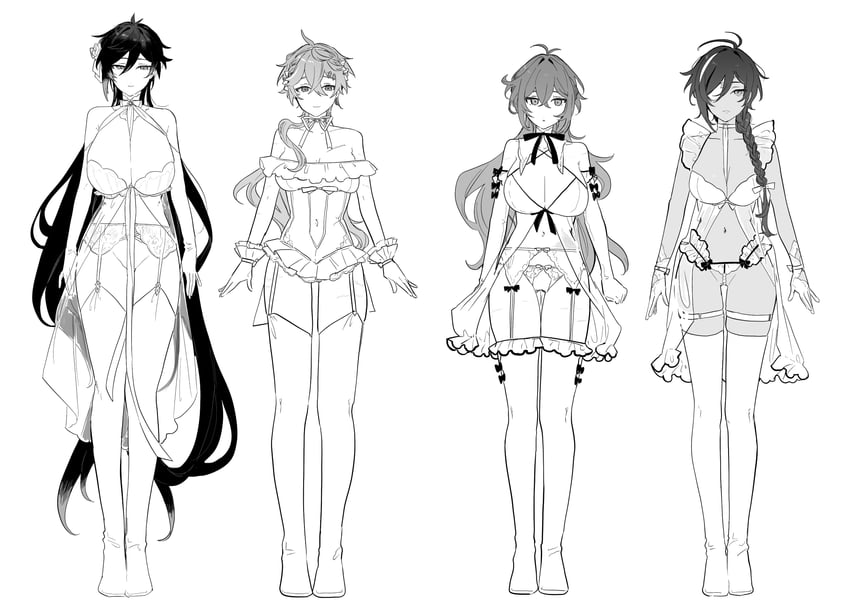 zhongli, tartaglia, diluc, and kaeya (genshin impact) drawn by tabibitowayo