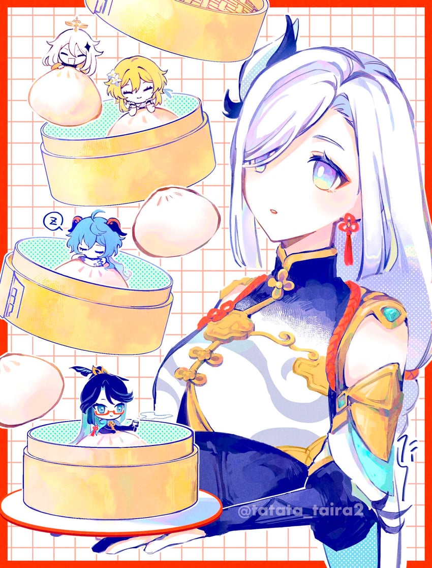 ganyu, lumine, paimon, shenhe, and xianyun (genshin impact) drawn by tatata_taira