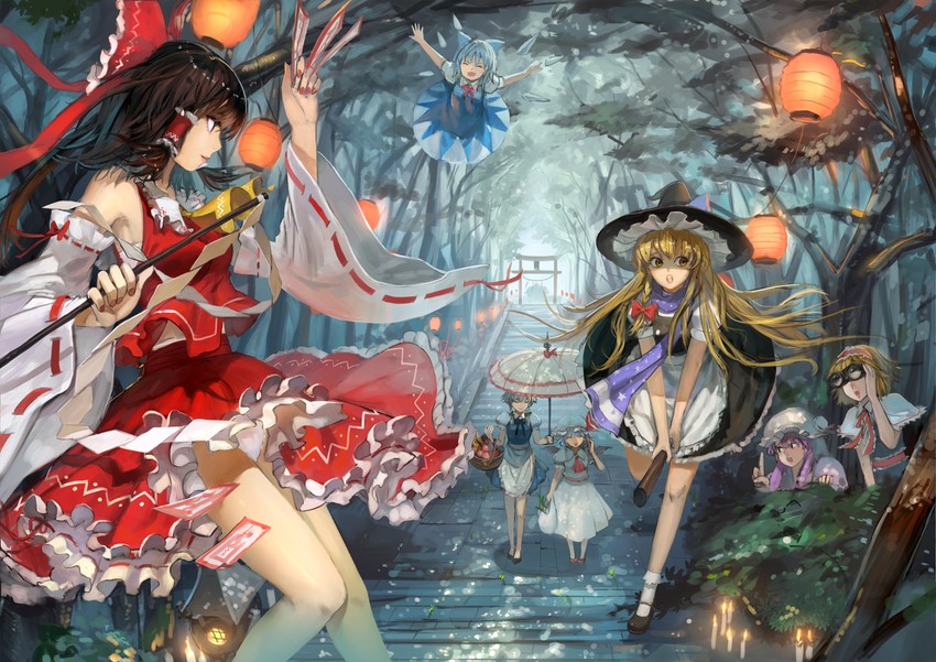 hakurei reimu, kirisame marisa, remilia scarlet, izayoi sakuya, alice margatroid, and 2 more (touhou) drawn by jeanex