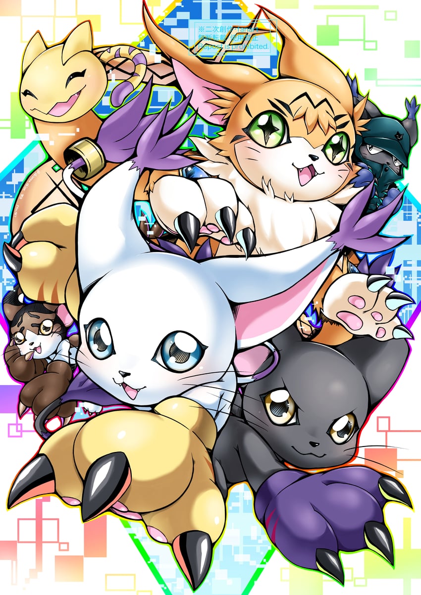 tailmon, nyaromon, blacktailmon, meicoomon, blacktailmon uver., and 1 more (digimon) drawn by shingetsu_(doru0222)