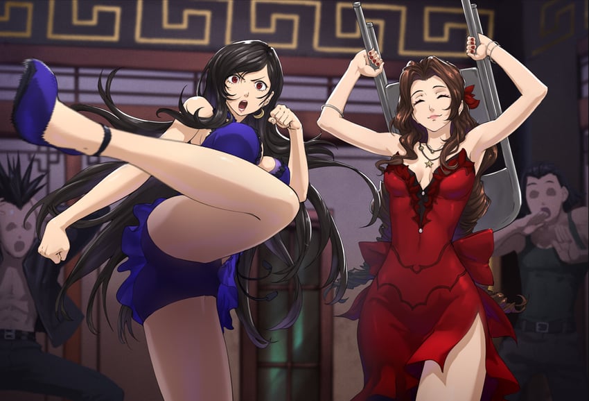 tifa lockhart and aerith gainsborough (final fantasy and 2 more) drawn by ozkh