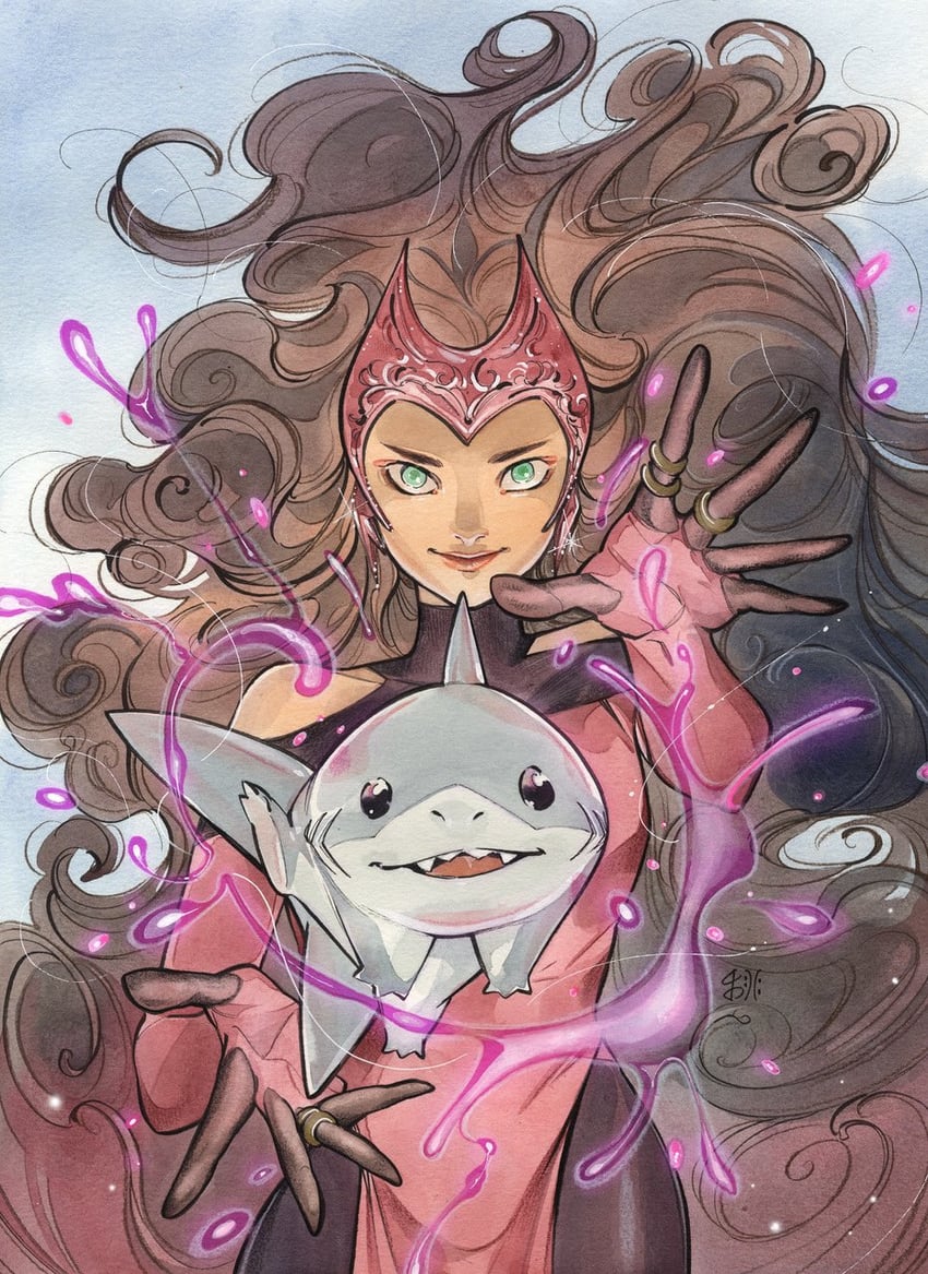 wanda maximoff, scarlet witch, and jeff the land shark (marvel) drawn by peach_momoko
