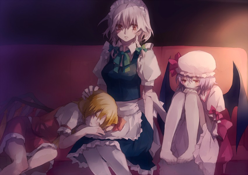 remilia scarlet, flandre scarlet, and izayoi sakuya (touhou) drawn by tsukioka_tsukiho
