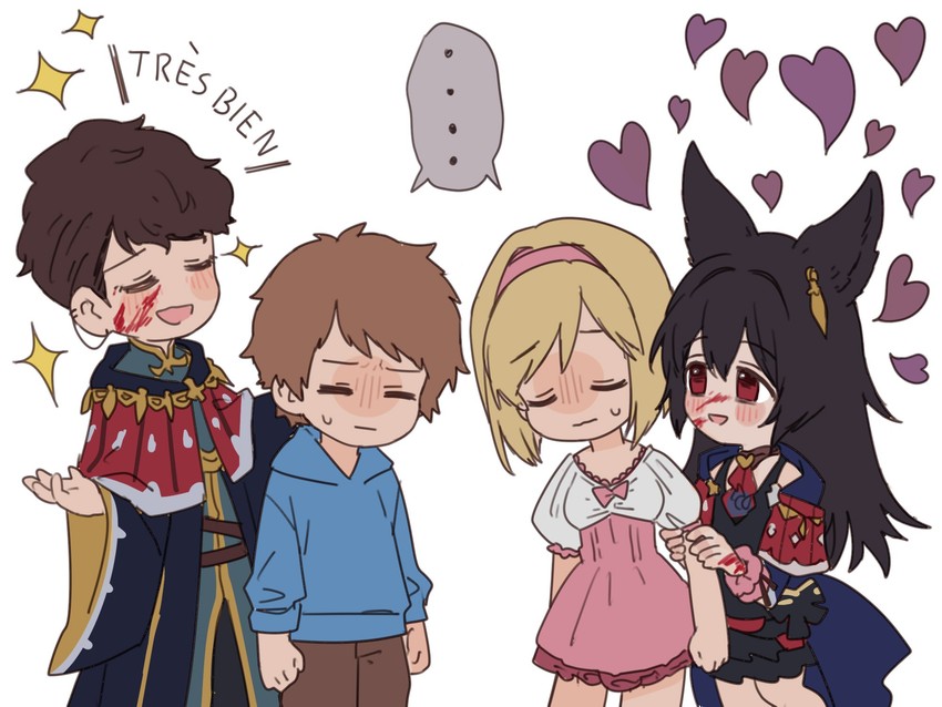 djeeta, gran, fighter, nier, and lobelia (granblue fantasy) drawn by meron