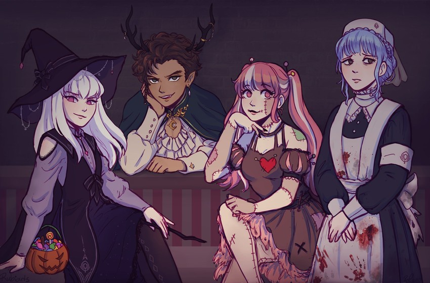 hilda valentine goneril, lysithea von ordelia, marianne von edmund, and claude von riegan (fire emblem and 1 more) drawn by rubi_arts