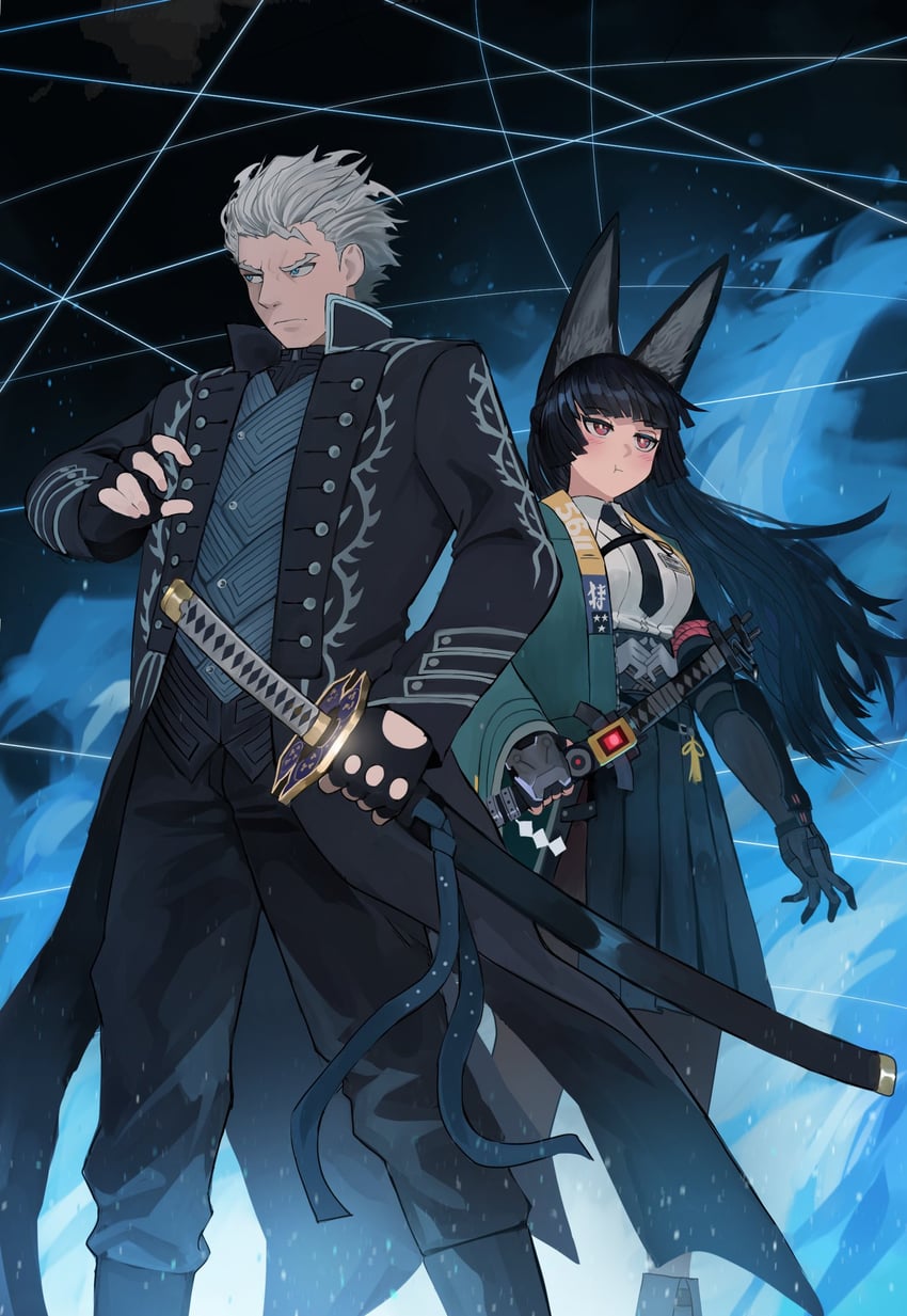 hoshimi miyabi and vergil (zenless zone zero and 2 more) drawn by jourd4n