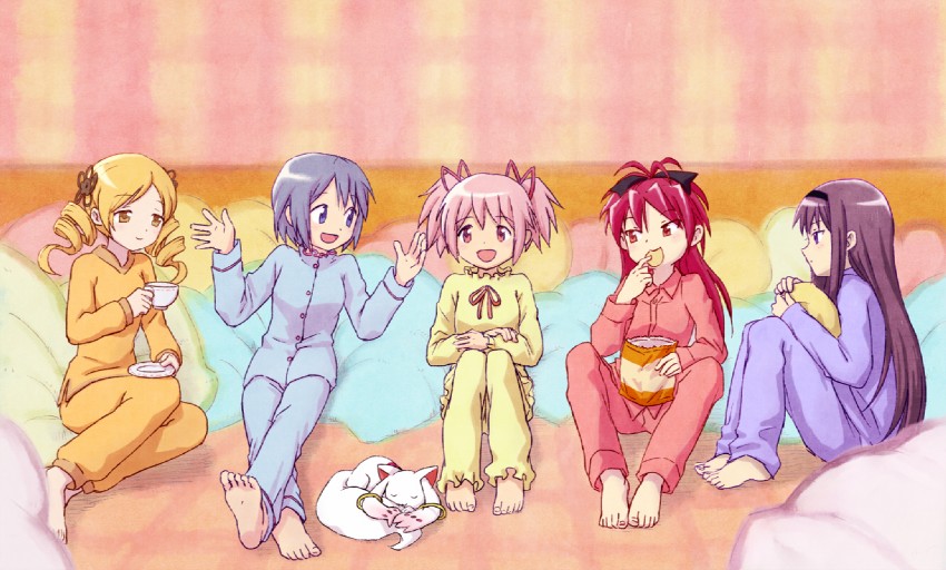 akemi homura, kaname madoka, miki sayaka, sakura kyoko, tomoe mami, and 1 more (mahou shoujo madoka magica) drawn by dokunuma