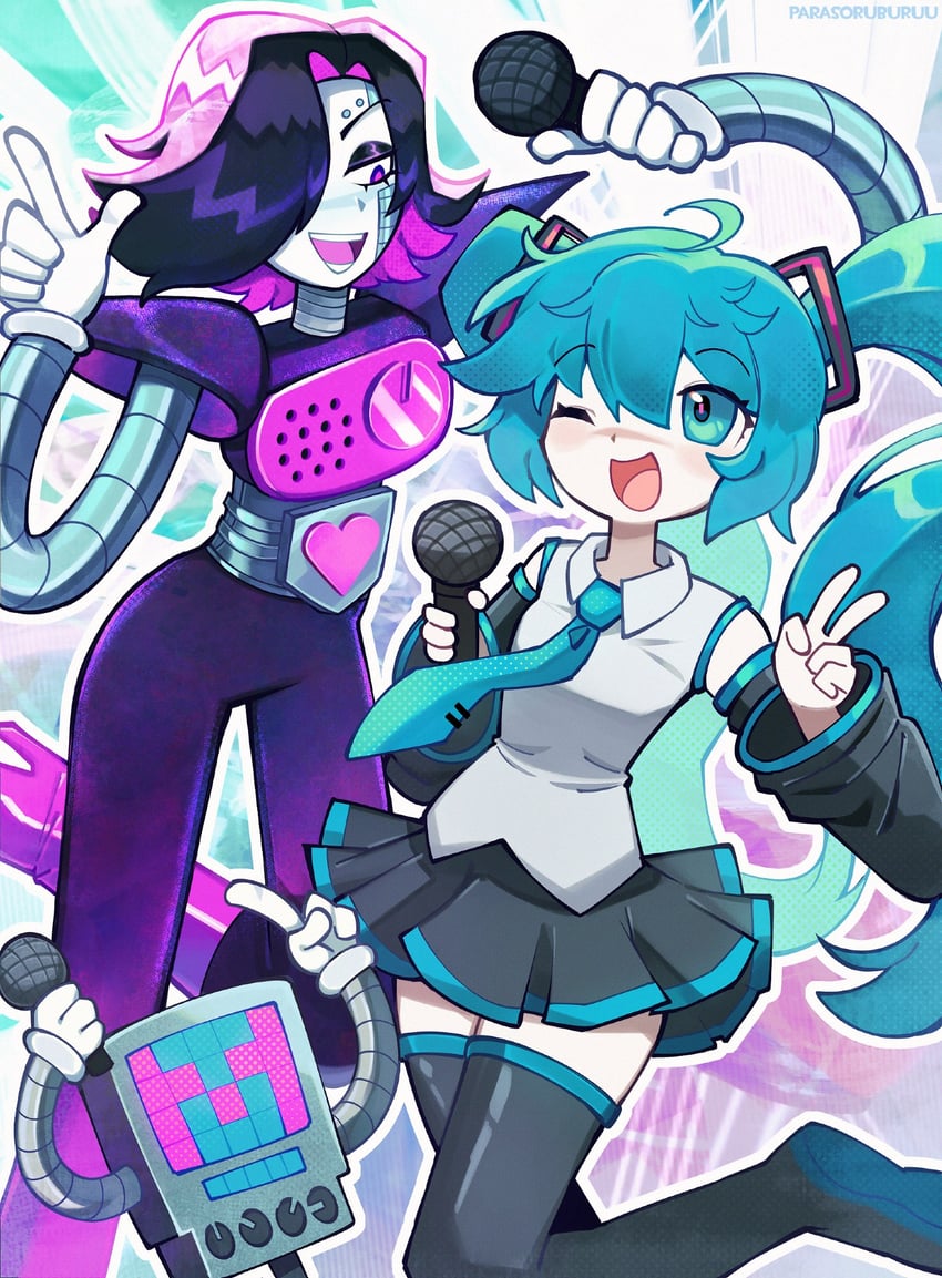 hatsune miku, mettaton, and mettaton ex (vocaloid and 1 more) drawn by parasoru_buruu