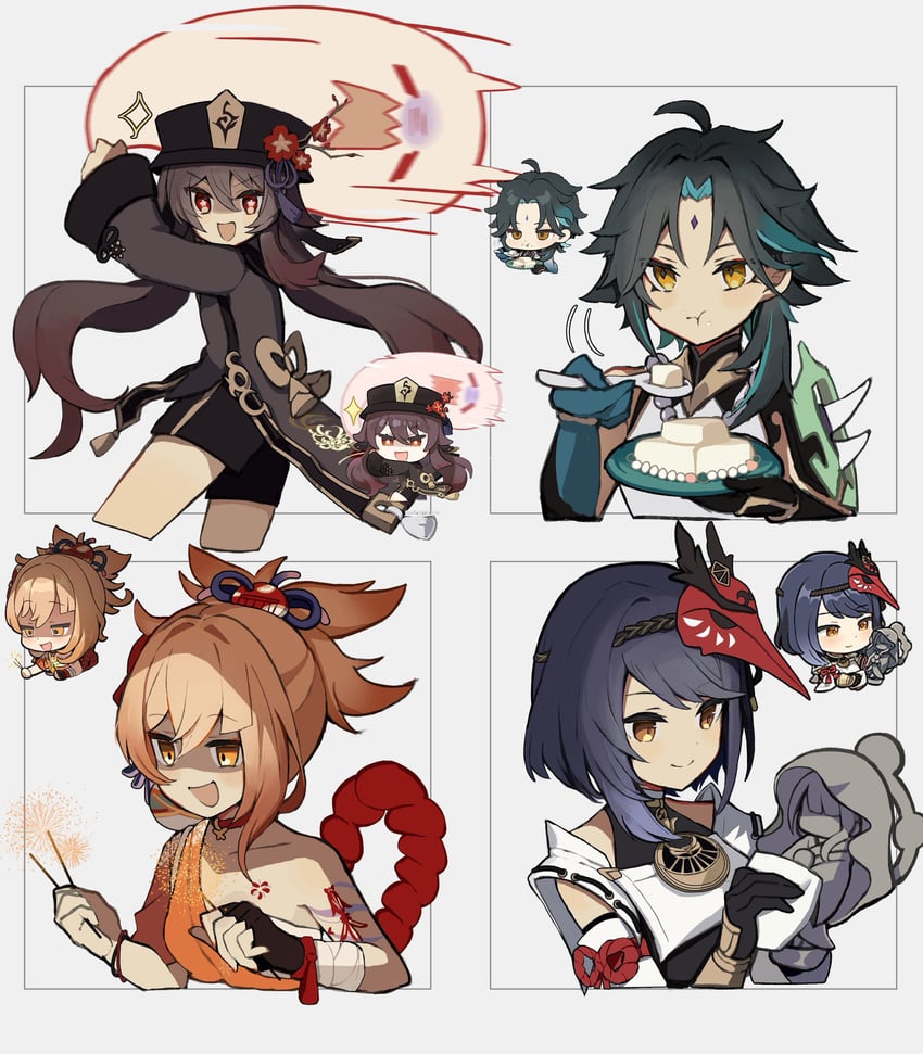 hu tao, xiao, boo tao, yoimiya, and kujou sara (genshin impact) drawn by merry-san