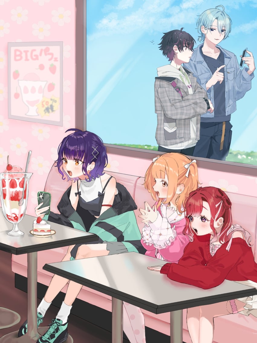 kirara tamako, nanase suzuna, saotome berry, sakayori soma, and nagisa trout (nijisanji) drawn by nijuumaru_(kk_ua4)