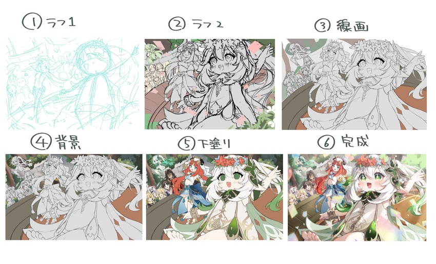 lumine, aether, nahida, paimon, nilou, and 3 more (genshin impact) drawn by nanakusa_yomogi