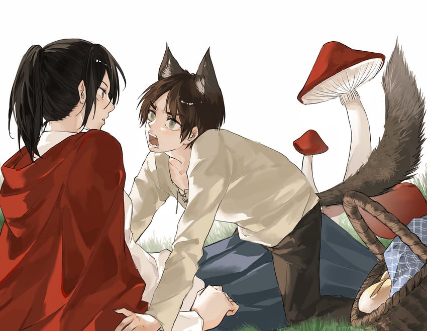 mikasa ackerman, eren yeager, and little red riding hood (shingeki no kyojin and 1 more) drawn by zhuse_fuxianqing