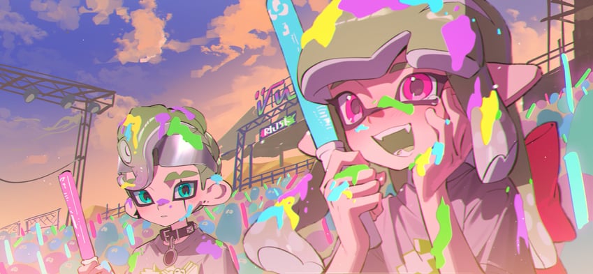 inkling player character, inkling girl, octoling player character, octoling boy, and jellyfish (splatoon and 1 more) drawn by namazuoku