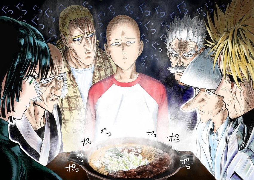 fubuki, saitama, genos, king, bang, and 2 more (one-punch man) drawn by hkhk0726 and murata_yuusuke