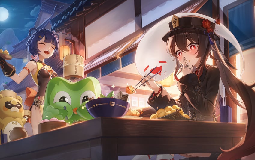 hu tao, boo tao, xiangling, guoba, and duo (genshin impact and 1 more) drawn by tiokun7