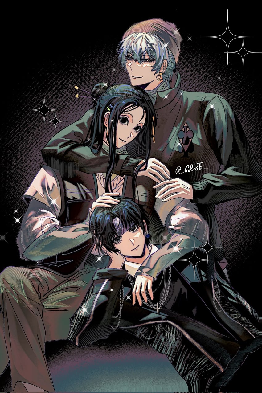 hisoka morow, chrollo lucilfer, and illumi zoldyck (hunter x hunter) drawn by grose