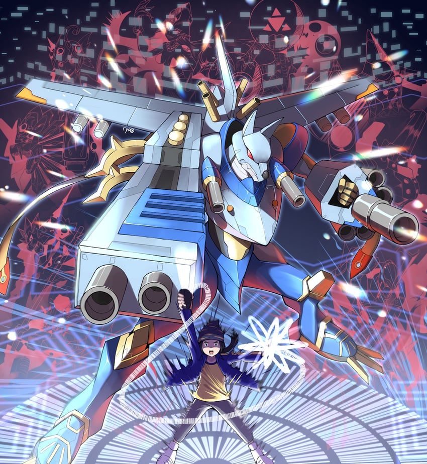 ranamon, minamoto kouji, calamaramon, wolfmon, blitzmon, and 7 more (digimon and 1 more) drawn by ryo@