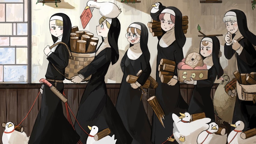 clumsy nun, froggy nun, spicy nun, sheep nun, glasses nun, and 1 more (little nuns) drawn by diva_(hyxpk)