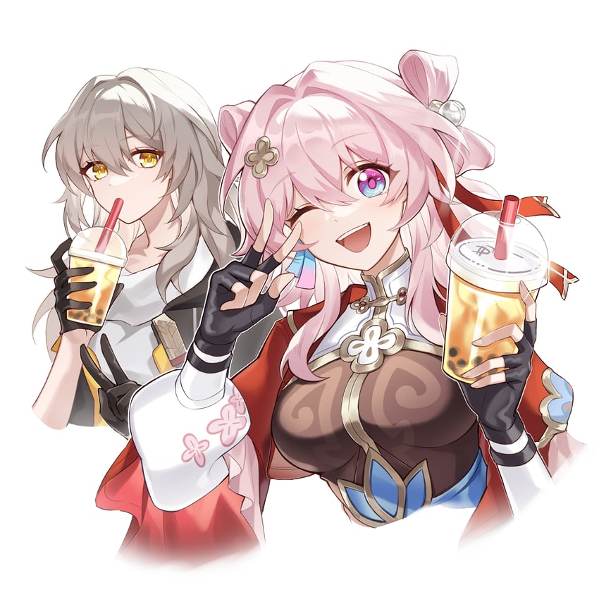 trailblazer, stelle, and march 7th (honkai and 1 more) drawn by hamu_(rz_1023)