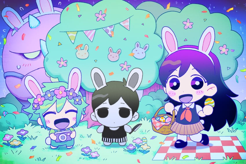 omori, basil, mari, forest bunny, and boss (omori) drawn by g_tsurius