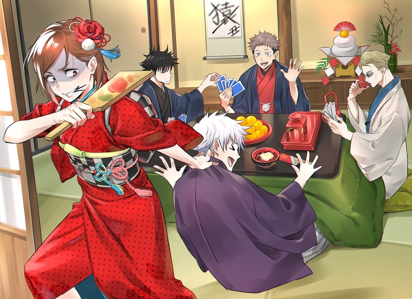 gojou satoru, itadori yuuji, fushiguro megumi, kugisaki nobara, and nanami kento (jujutsu kaisen) drawn by cst